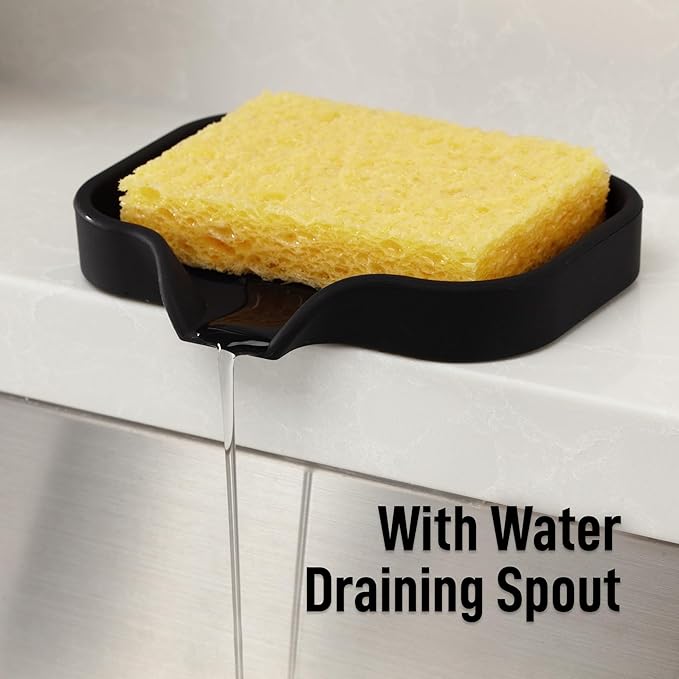Zulay Kitchen Small Silicone Sponge Holder (4.9x3.3”) – Space-Saving Sink Organizer Tray for Sponge, Soap, Brush & More – Compact Non-Slip Dish for Kitchen & Bathroom (Black)