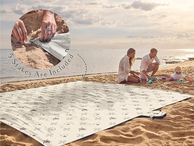 WEKAPO Beach Blanket Waterproof Sandproof Oversized Extra Large Sand Free Beach Mat with Stakes, Storage Bag - Essentials for Outdoor Beach, Picnic (Light Small Sea Turtle, 8 X 7 FT (1~4 Person))