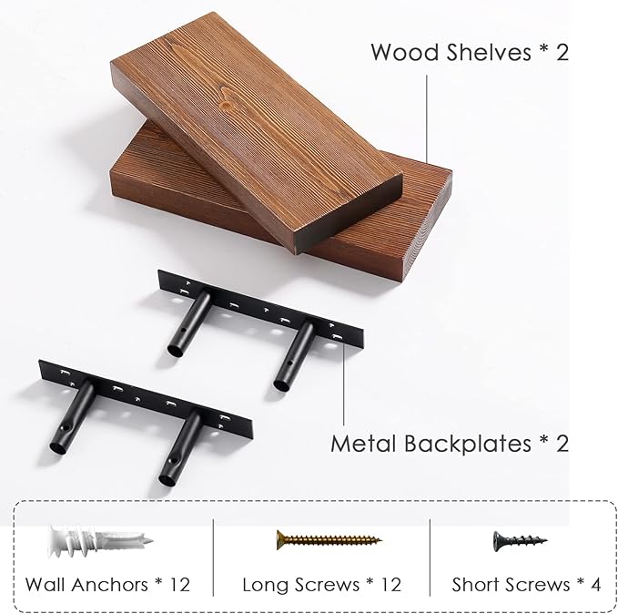 WELLAND Bradley Floating Shelves Handmade Wood Wall Shelf Set of 2, Tudor Oak Wall Mount Shelf (Set of 2, 12 inch)