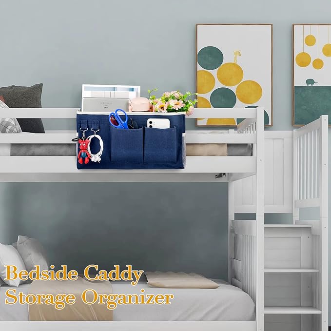 Ozzptuu Bedside Storage Caddy/Bedside Hanging Storage Bag for Headboards Bunk Beds Dorm Rooms Book Phone Magazine Holder (2PC Navy Blue)