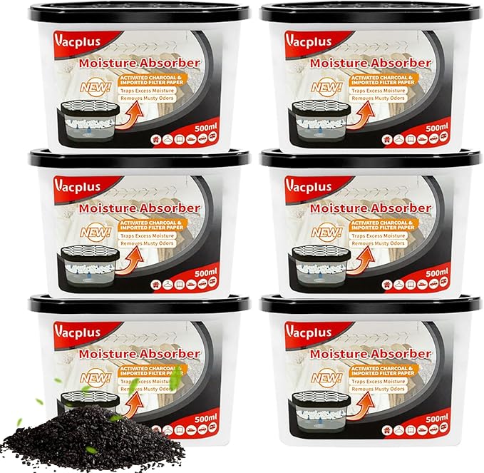 Vacplus Moisture Absorbers 6 Pack, Portable Humidity Absorber Boxes for Your Bathroom, Closet & Car, Dehumidifier with Activated Carbon, 10.5 Oz