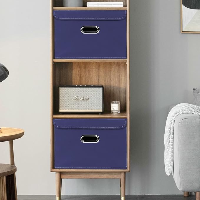Linen Fabric Foldable Collapsible Storage Cube Bin Organizer Basket Fabric Storage Bins with Lid, Leather Handles, Removable Divider for Home, Closet,Navy Blue 3Pcs