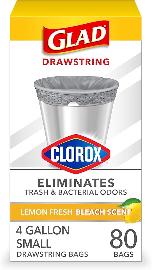 Glad Drawstring Trash Bags with Clorox, 4 Gal, Lemon Fresh Bleach, 80 Ct, 30 Pack (Package May Vary)