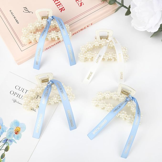 DEEKA Bridesmaid Proposal Gifts 8 Pack Pearl Bridesmaid Hair Claw Clips with Ribbon 3 Inch Hair Clips Bachelorette Party Favors Bridal Party Present Hair Accessories (Half Circle White&Blue)
