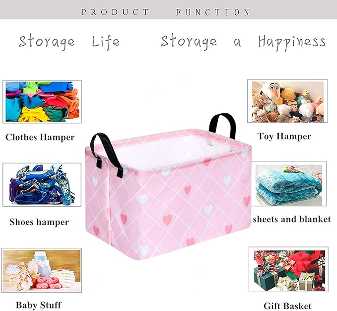 KUNRO Rectang Heart Valentine's Storage Basket Gift Shelf Basket Storage Bin, Nursery Basket Organizer Box for With Handles for Room Deco