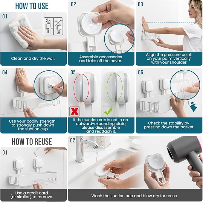 TAILI Shower Caddy Suction Cup 2 Pack, Stainless Steel Rustproof Shower Shelves, No Drilling Wall Mounted Basket, Large Capacity, Removable Suction Cup Bathroom Organizers & Home Decor, White