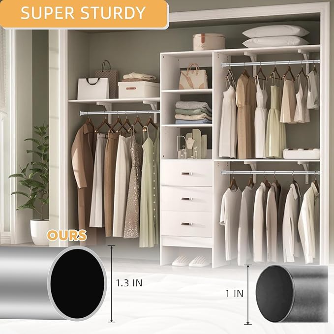1.3 Inch Diameter Closet Rods for Hanging Clothes, 17-87 Inch Adjustable, Metal Heavy Duty Closet Pole, Silver Closet Bar for Hanging Clothes, Suitable for Closets, Wardrobes, Bathrooms, Windows