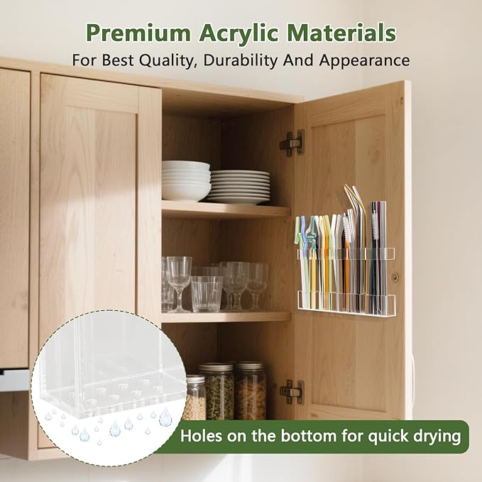 Malldii 9.5" Large Acrylic Straw Holder for Cabinet Door - Reusable Tumbler Straw Organizer Storage, Small Kitchen Accessories Container, Ultra Sticky Cupboard Door Mounted (Transparent)
