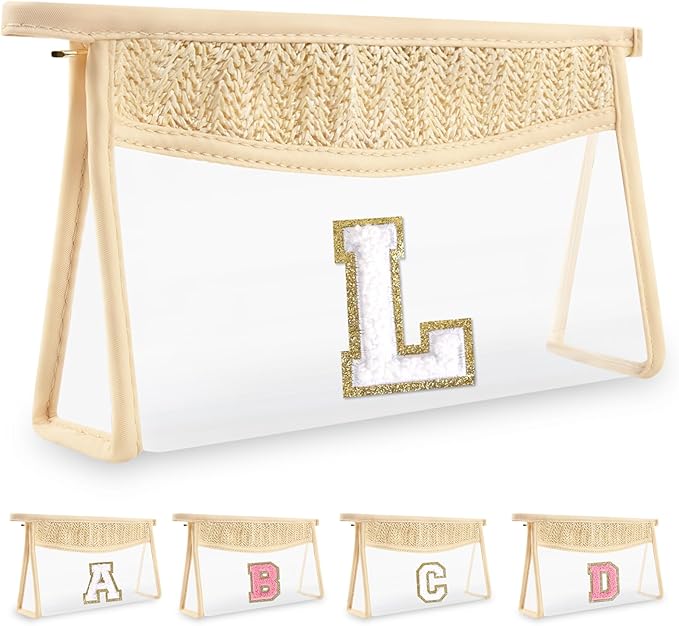 Personalized Initial Letter Bag Boho Straw Clear Makeup Bag, Small Cute Chenille Varsity Letter Bag With Zipper, Beach Travel Toiletry Bag, Portable Monogrammed Cosmetic Bag for Women Girls, L