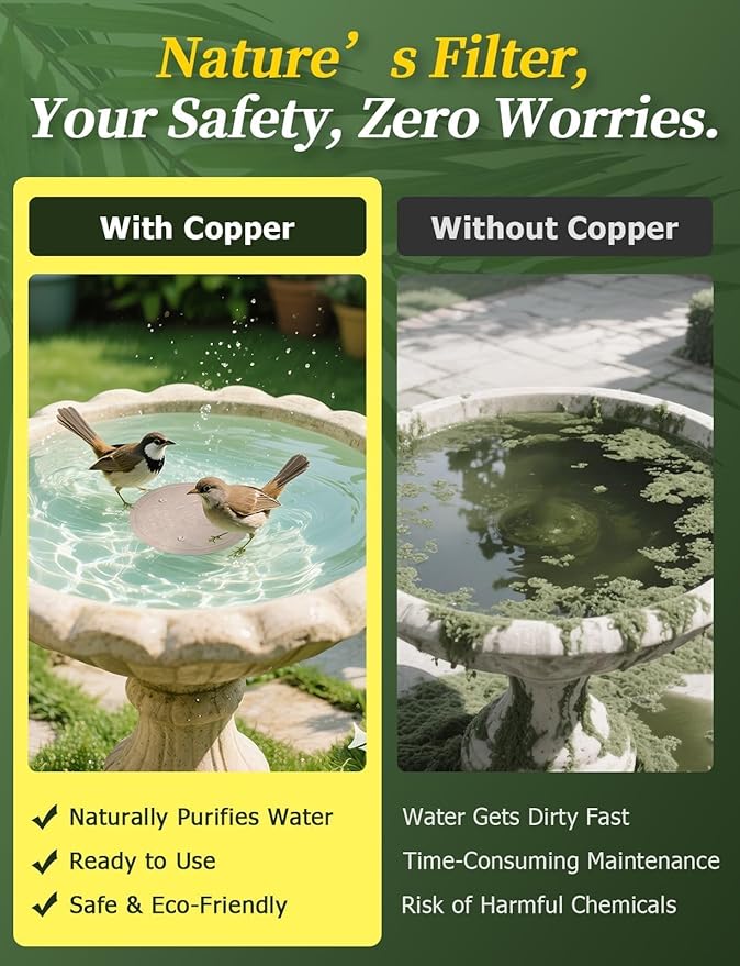 Mellbree 4-Pack Bird Bath Copper Disk, 0.6mm Reinforced 99.99% Pure Copper Cleaning Disk with Triple-Point Support for Physical Safe Clean Water All-Season (Flower)