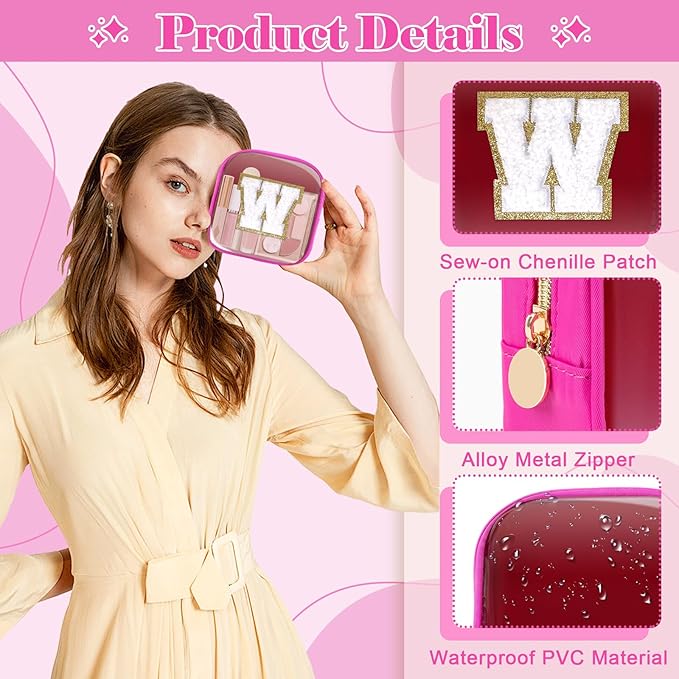 Personalized Initial Letter Clear Preppy Makeup Bag,Mini Nylon Chenille Letter Cosmetic Bag Cute Zipper Pouch Coin Purse for Teen Girls,Portable TSA Approved Travel Essentials Bag Gift for Women,W