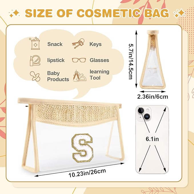 Personalized Initial Letter Bag Boho Straw Clear Makeup Bag, Small Cute Chenille Varsity Letter Bag With Zipper, Beach Travel Toiletry Bag, Portable Monogrammed Cosmetic Bag for Women Girls, S