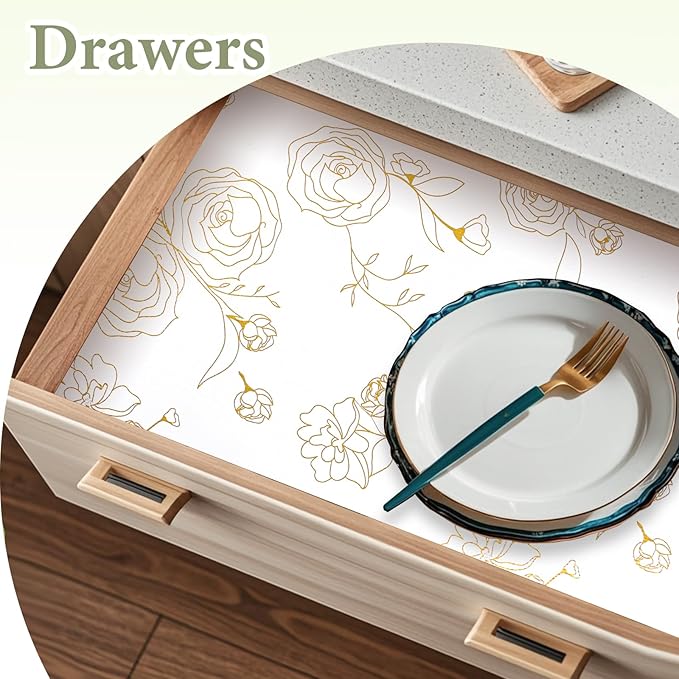 Shelf Liners for Kitchen Cabinets 23.6in x 39.37FT Non Adhesive Drawer Liner Gold Floral Thickened Shelf Liner Paper Strong Non-Slip Easy to Clean for Tool Box Refrigerator with Knife and Tape Measure