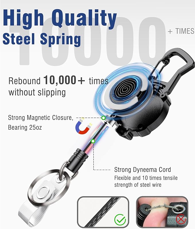 2Pack Heavy Duty Ret retractable Keychain, Unbreakable Embedded Body with 30.5" Dyneema Cord, Tactical ID Badge Holder Reel Carabiner Clip with Secure Magnetic Closure for Men, Holds 25oz