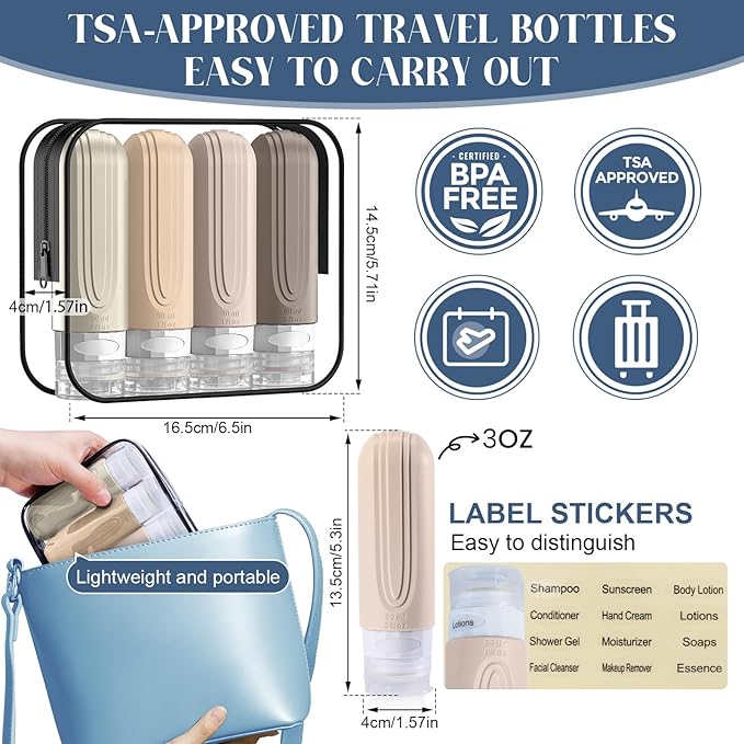 Travel Bottles for Toiletries, 3oz TSA Approved Travel Size Toiletries, Silicone Leak-Proof Refillable Containers, Squeezable Liquid Essentials Bottles W/Clear Bag (CREAM)