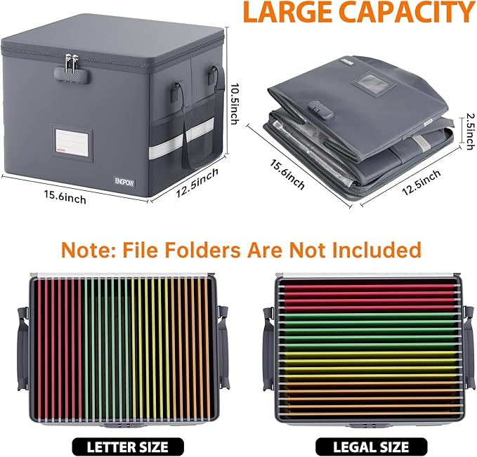 ENGPOW 5200°F File Box Fireproof Document Box with Lock, Heat Insulated Collapsible File Storage Organizer Box with Handle, Portable Home Office File Cabinet for Hanging Letter/Legal Size Folder, Gray