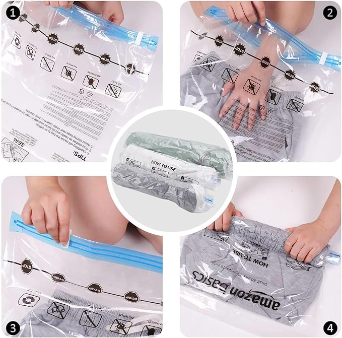 Amazon Basics Roll-Up Travel Zipper Storage Bags, 12 count (6 Small & 6 Medium), Multiple, Clear