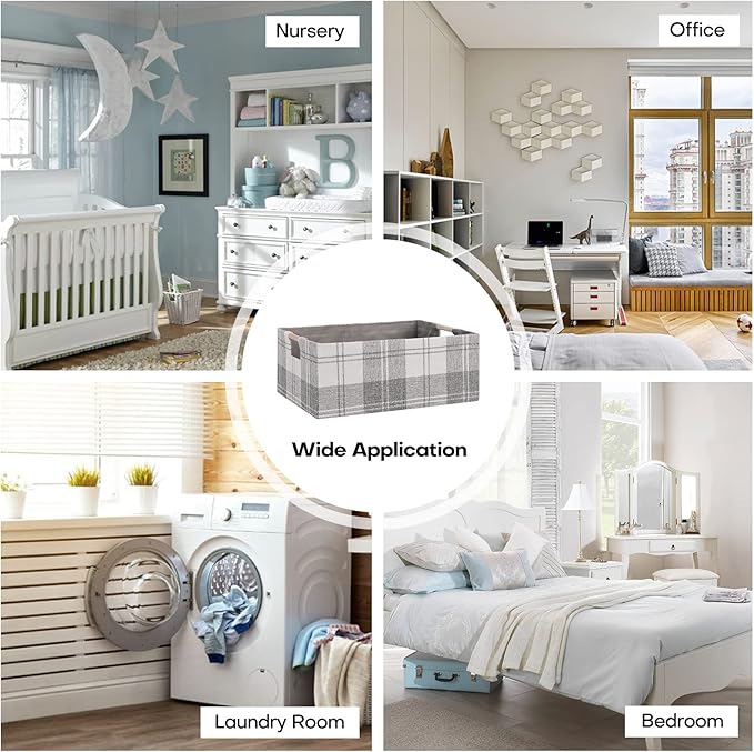 Fabric Storage Bin Box Collapsible Cotton Linen Storage Cube with Wooden Handles Rectangular Decorative Home Organizer Clothes Blanket Basket– Light Gray Plaid, Small