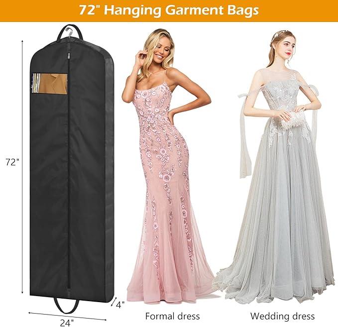 MISSLO 72" Wedding Dress Garment Bag Waterproof Garment Bags for Travel for Women Dress Bags for Gowns Long for Closet Storage 2-Pack, Black