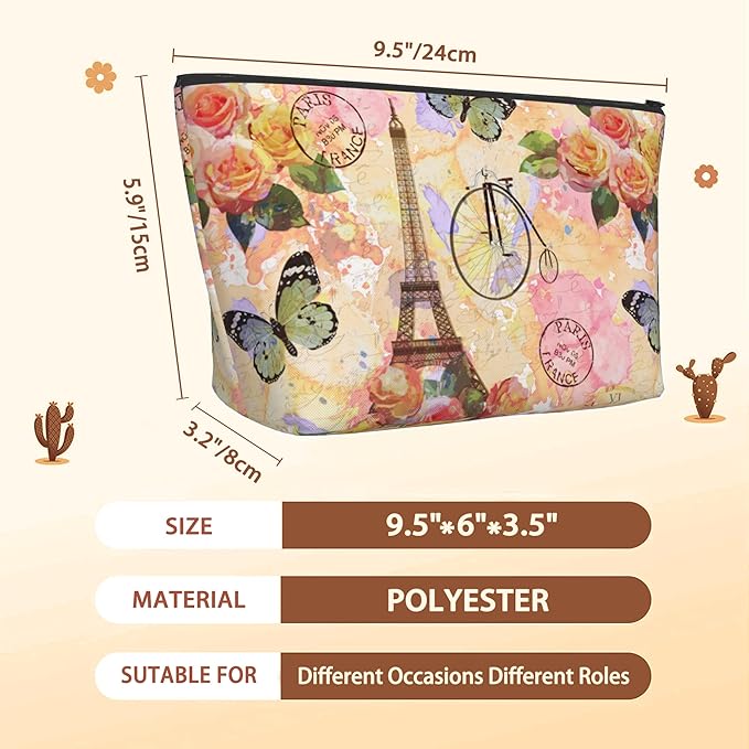 Vintage Paris Tower Makeup Bag Travel Cosmetic Bag for Women,Rose Flowers Small Make up Pouch Travel Bags for Toiletries Aesthetic Accessories Waterproof Gifts