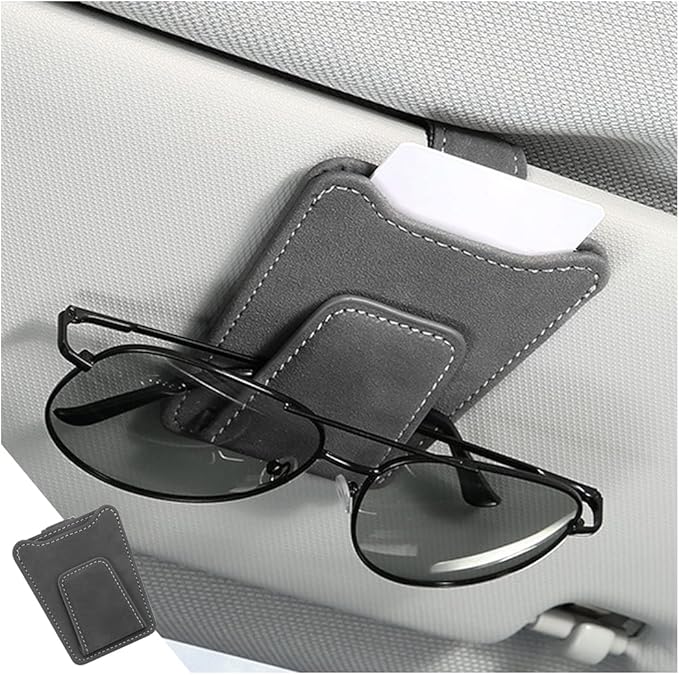 8sanlione Sunglasses Holder for Car Sun Visor, Magnetic Leather Glasses Hanger Clip, Eyeglass and Ticket Card Storage Mount, Auto Interior Accessories Universal for Vehicle SUV Truck (Gray)