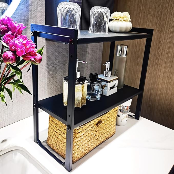 2 Tier Expandable Cabinet Shelf Organizer 14.5-25" L Kitchen Counter Shelf Rack Stand Sink Riser Countertop Storage Black (Normal 7.9”D)