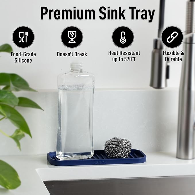 Zulay Kitchen (9x3.5) Silicone Sponge Holder for Kitchen Sink - Flexible Multipurpose Soap Tray - Sink Organizer for Kitchen, Bathroom, Makeup, Trinkets & More (Dark Blue)