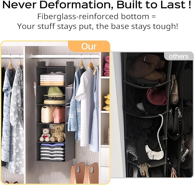 Deep Hanging Closet Organizers and Storage, Closet Hanging Storage Shelves with 5 Shelves and 4 Mesh Pockets, Heavy-Duty Closet Organizer for Clothes, Hats, and RVs and Dorm Essential,1-Pack, Grey