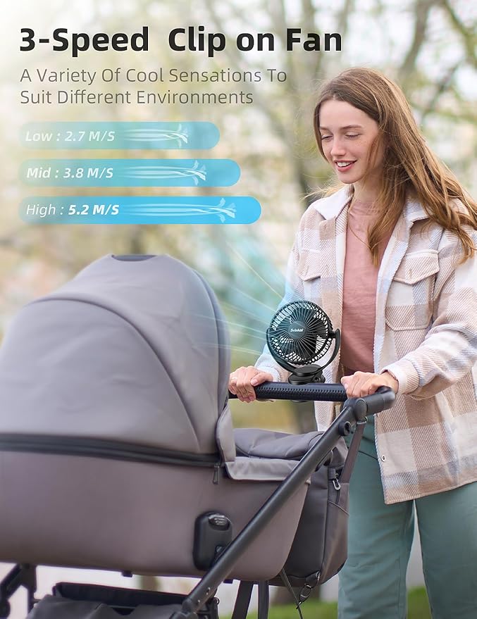 USB Portable Clip on Fan, 2400mAh Battery Type-C 6in, 3 Speed 720° Tilting Head, Black Personal Rechargeable Fan for Desk, Bedside, Golf Cart, Baby Stroller, Indoor & Outdoor Use