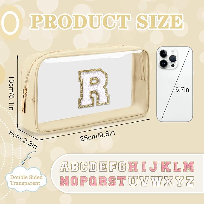 Small Clear Personalized Initial Makeup Bag,Nylon Preppy A-Z Chenille Letter Patch Cosmetic Pouch Beach Toiletry Bag,Waterproof Zipper Travel Purse Storage Bag Organizer for Women Girls(Beige-White R)