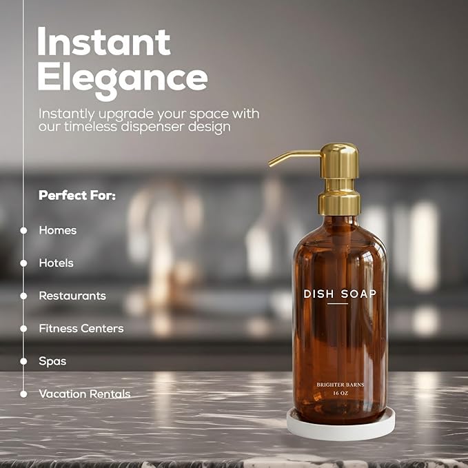 Luxury Glass Dish Soap Dispenser for Kitchen Sink by Brighter Barns - Kitchen Soap Dispenser Set with Pump & Tray - Refillable Glass Bottle for Liquid - Luxury Home Decor for Airbnb, Gift (Amber/Gold)