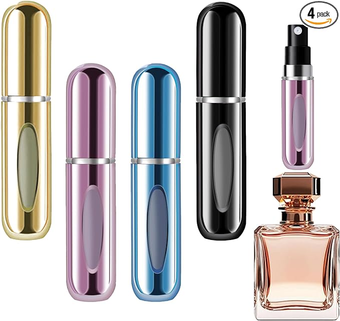 opasyo 4 Pcs Mini Refillable Perfume Portable Atomizer Bottle, 5ml Bottom-Fill Perfume Spray Scent Dispenser, Leak-Proof Travel Pump for Cologne, Aftershave & Purse (Gold/Pink/Blue/Black/)