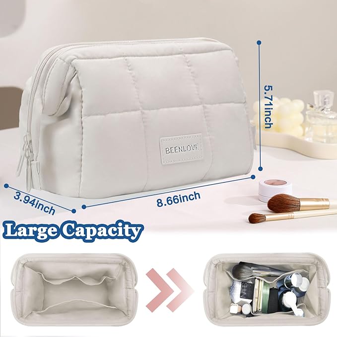 Makeup Bag Travel Toiletry Bag - Cute Make Up Bag, Waterproof Cosmetic Bag with Multiple Compartments, Wide-open Makeup Pouch for Cosmetics, Toiletries, and Travel Essentials, Beige