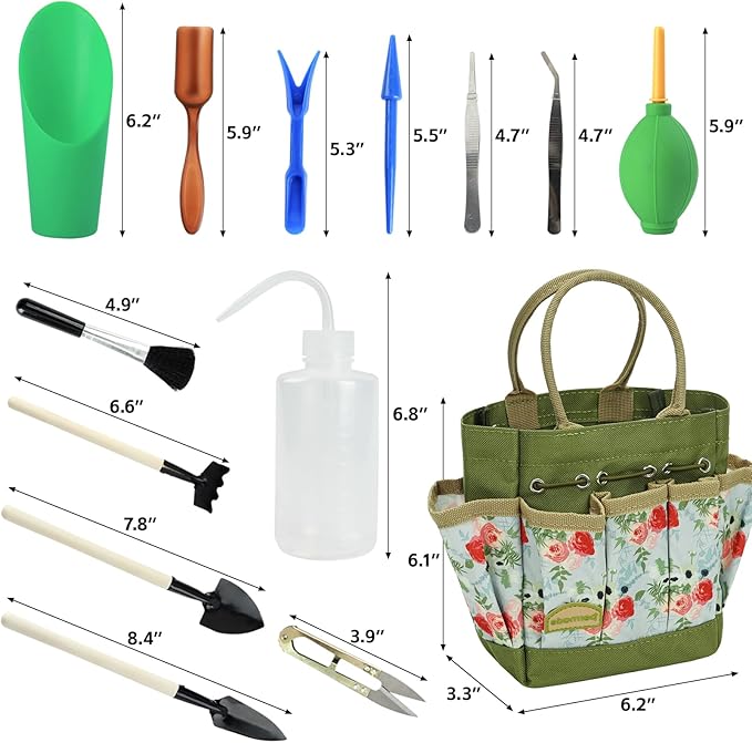 Succulent Tools Kit with Organizer Bag- 13Pcs Indoor Gardening Tools |Mini Succulent Hand Tools with Tote, Succulent Transplanting Supplies, Present for Gardeners Plant Care (Rose)