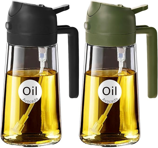 YARRAMATE 2Pcs 16oz/470ml Glass Olive Oil Sprayer for Cooking with Stickers, 2 in 1 Oil Dispenser for Kitchen Gadgets, Food Grade Premium Spray Bottle for Salad, BBQ (Black&OliveGreen)