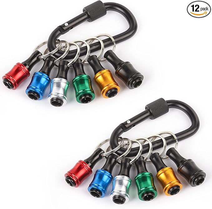 Katerk 6pcs 1/4 inch Hex Shank Aluminum Alloy Screwdriver Bit Holder 2 Sets, Lightweight Quick-Change Extension Bar Keychain Drill Screw Adapter Change Portable (With Black Carabiner)