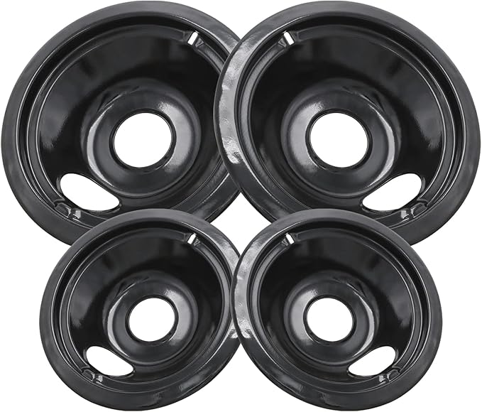 GE Black Stove Drip Pans, 10% Energy Save by Enamel Spraying Prevent Bending and Rust - Include 2 6'' Burner Drip Pans and 2 8'' Drip Bowl