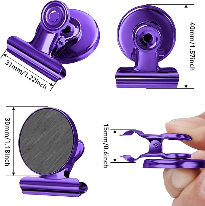 FINDMAG 12 Pack Magnetic Clips for Photo Display and Picture Hanging, Strong Fridge Magnets, Magnetic Christmas Light Clips for Whiteboard, Kitchen, Office, School, Purple, 30mm Wide