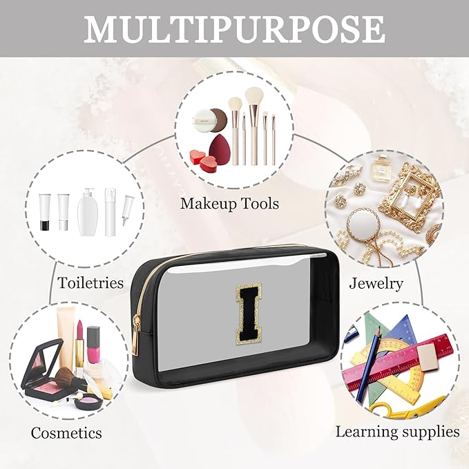 Small Clear Personalized Initial Makeup Bag,Nylon Preppy A-Z Chenille Letter Patch Cosmetic Pouch Beach Toiletry Bag,Waterproof Zipper Travel Purse Storage Bag Organizer for Women Girls(Black-Black I)