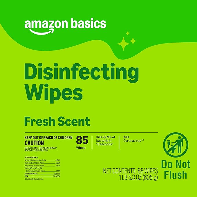 Amazon Basics Disinfecting Wipes, Lemon & Fresh Scent, Sanitizes, Cleans, Disinfects & Deodorizes, 255 Count (3 Packs of 85), Packaging May Vary