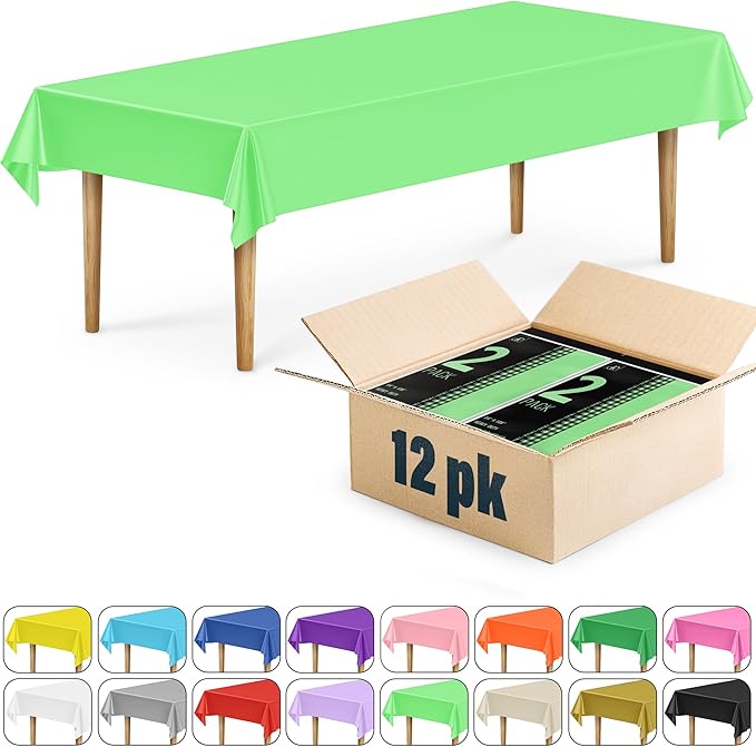 DecorRack 12 Rectangular Tablecloths BPA-Free Plastic, 54 x 108 inch, Dining Table Cloth, Rectangle Table Cover for Parties, Picnic, Camping and Outdoor, Disposable or Reusable, Lime Green (12 Pack)