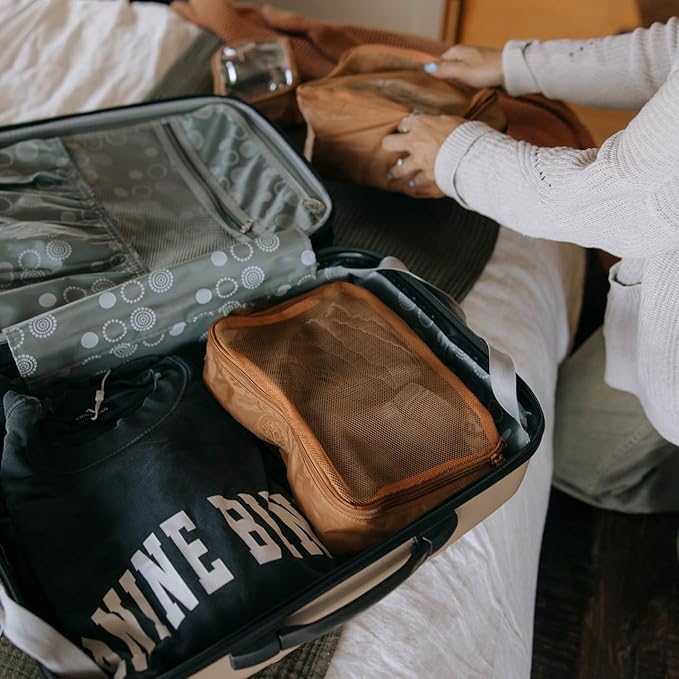 Parker Baby Co. Lightweight Packing Cube Set 3-Pack | Collapsible, Durable, Mesh & Clear Top | Travel Organizer for Diaper Bags, Luggage - Camel/Desert Star