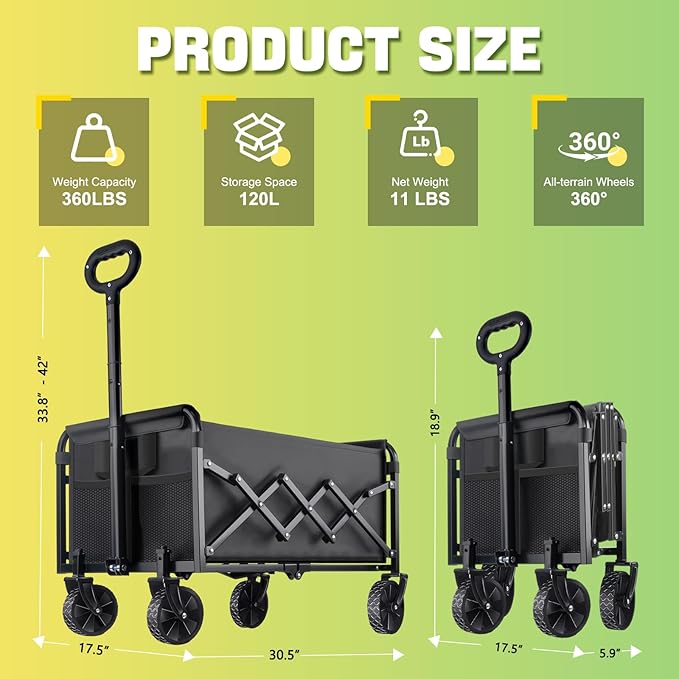 360LBS Collapsible Foldable Wagon Carts - Heavy Duty Portable Folding Utility Wagons with All-Terrain Wheels for Grocery Sports Shopping Camping Garden Beach, 2 Drink Holders/Lightweight/Black