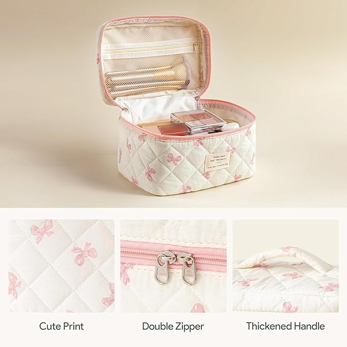 HBselect Quilted Makeup Bag, 3PCS Cotton Large Travel Makeup Bag, Cute Floral Coquette Make up Bag Cosmetic Bag Toiletry Bag for Women Girls