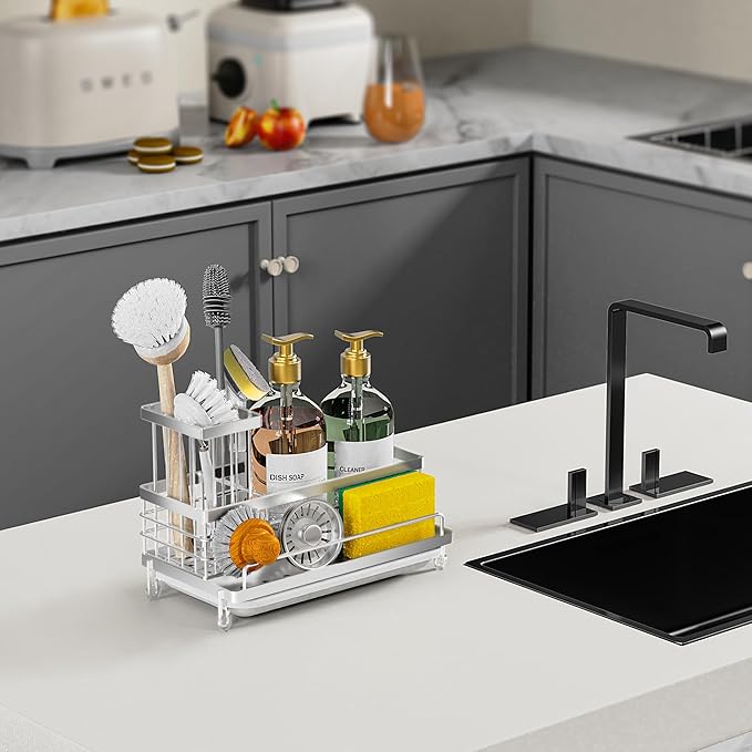 Cisily Stainless Steel Kitchen Sink Caddy Organizer, Sponge Holder for Sink Rustproof, Non-Slip Soap Dish Dispenser Brush Holder Storage, Home & Kitchen Essentials Accessories (Stainless Steel)