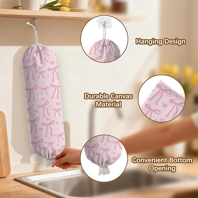 Pink Bow Plastic Bag Holder Dispenser, Plastic Grocery Bag Organizer & Wall Mount Paper Trash Bags Saver Storage for Kitchen Home Pantry Decor, Pink Bow Kitchen Decor Shopping Bags Storage Dispenser
