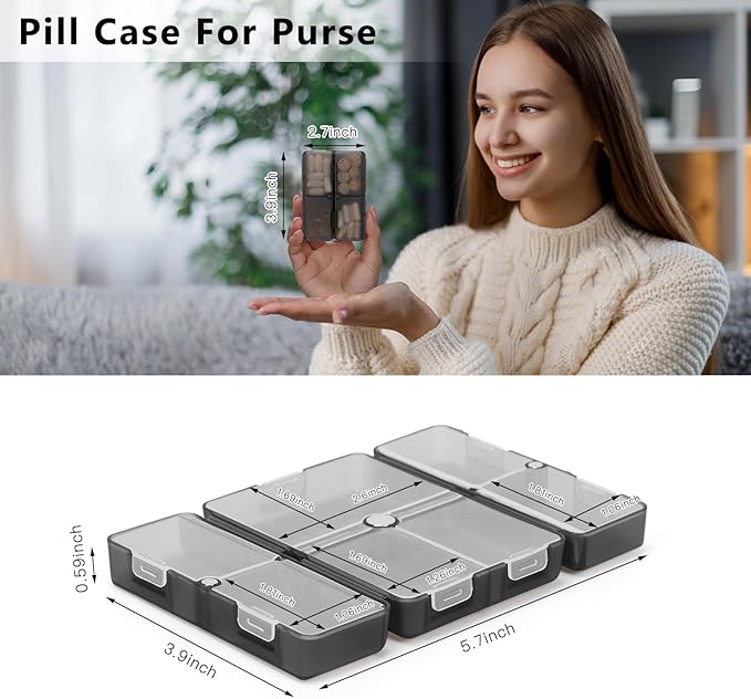 FYY Daily Pill Organizer, 7 Compartments Portable Pill Case Travel Pill Organizer,[Folding Design] Pill Box for Purse Pocket to Hold Vitamins,Cod Liver Oil,Supplements and Medication-Clear Black