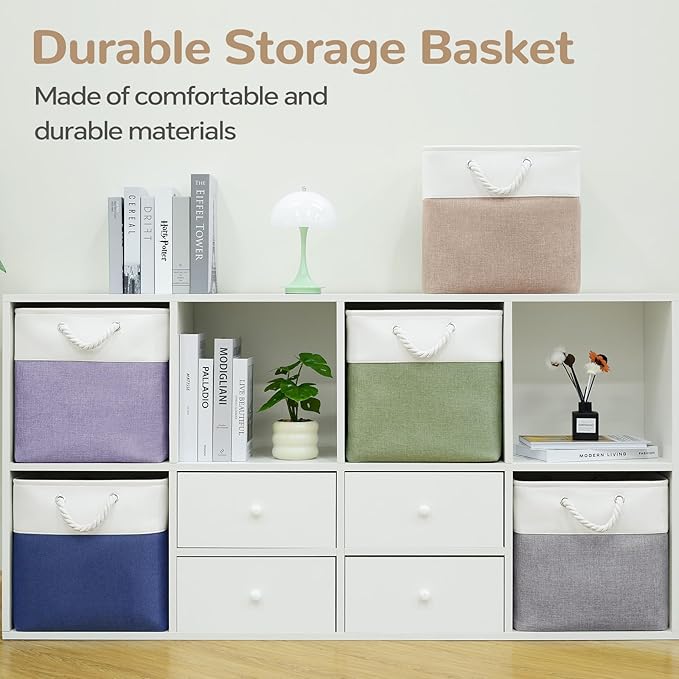 VQRTEXA 13 x 13 Inch Cube Storage Bins, 6 Pack Fabric Storage Basket with Handles, Foldable Boxes Organizer for Shelf Baskets for Home, Clothes (White/Khaki)