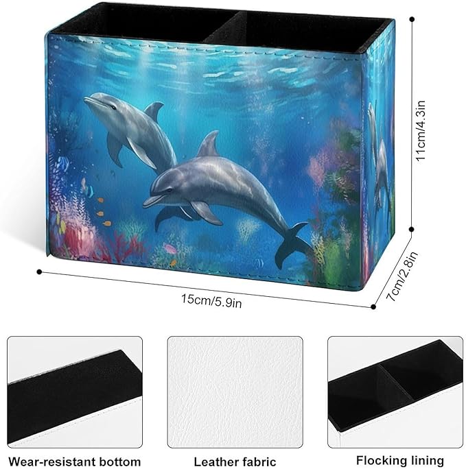Famame Two Dolphins Underwater Pencil Holder for Desk, Leather Desktop Container Pen Cup Storage Study Table Pen Organizer Makeup Brush Holder for Classroom Office Home