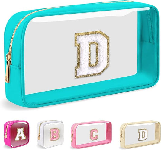Small Clear Personalized Initial Makeup Bag,Nylon Preppy A-Z Chenille Letter Patch Cosmetic Pouch Beach Toiletry Bag,Waterproof Zipper Travel Purse Storage Bag Organizer for Women Girls(Cyan-White D)